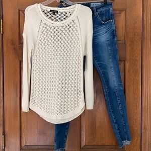 Open crochet knit  contrast cream sweater XS $200 NWT